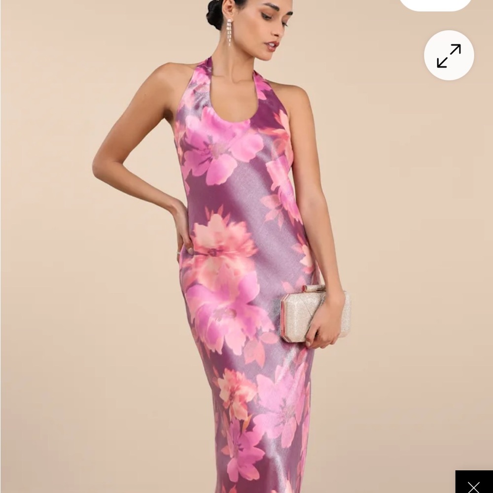 Halter Floral Satin Maxi Dress in Pink and Purple